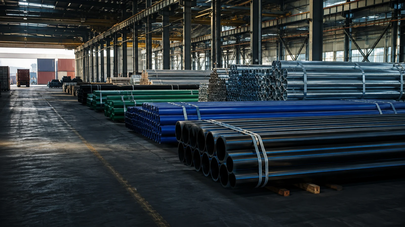 Export-ready piping systems in a modern production facility 现代工厂内待出口的工程管材